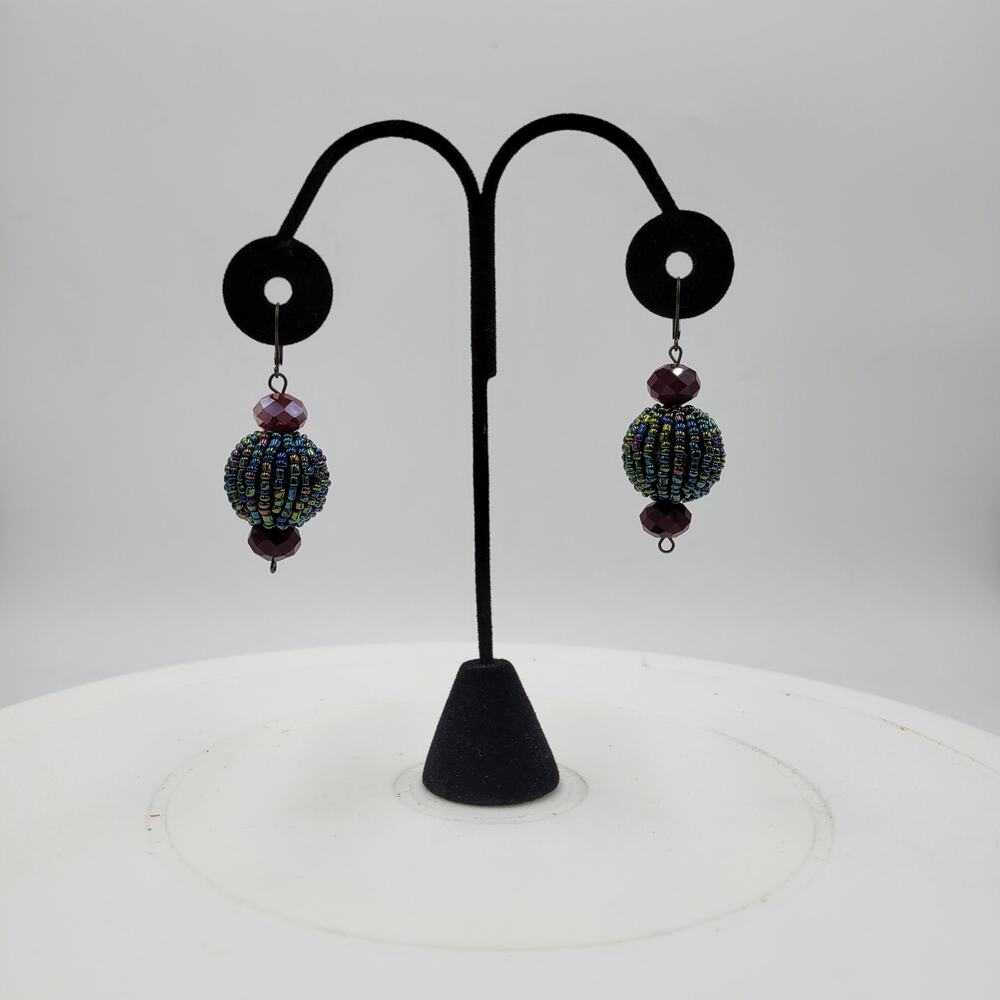 Handmade Womens Iridescent Beaded Dangling Charm Drop Earrings Blue & Green Boho
